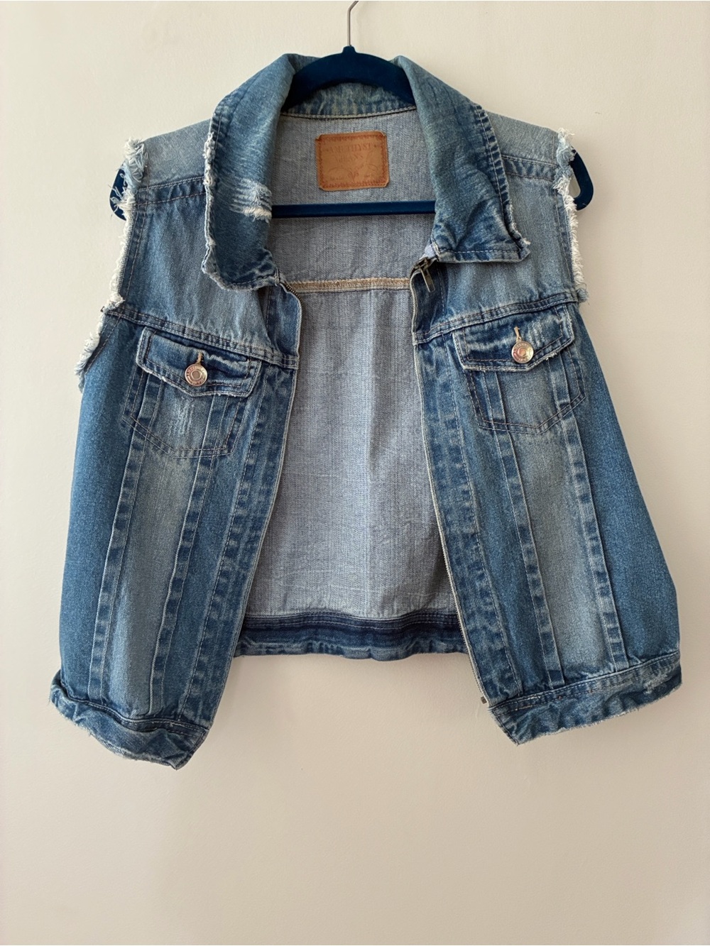 Light Wash Distressed Denim Vest - Blue